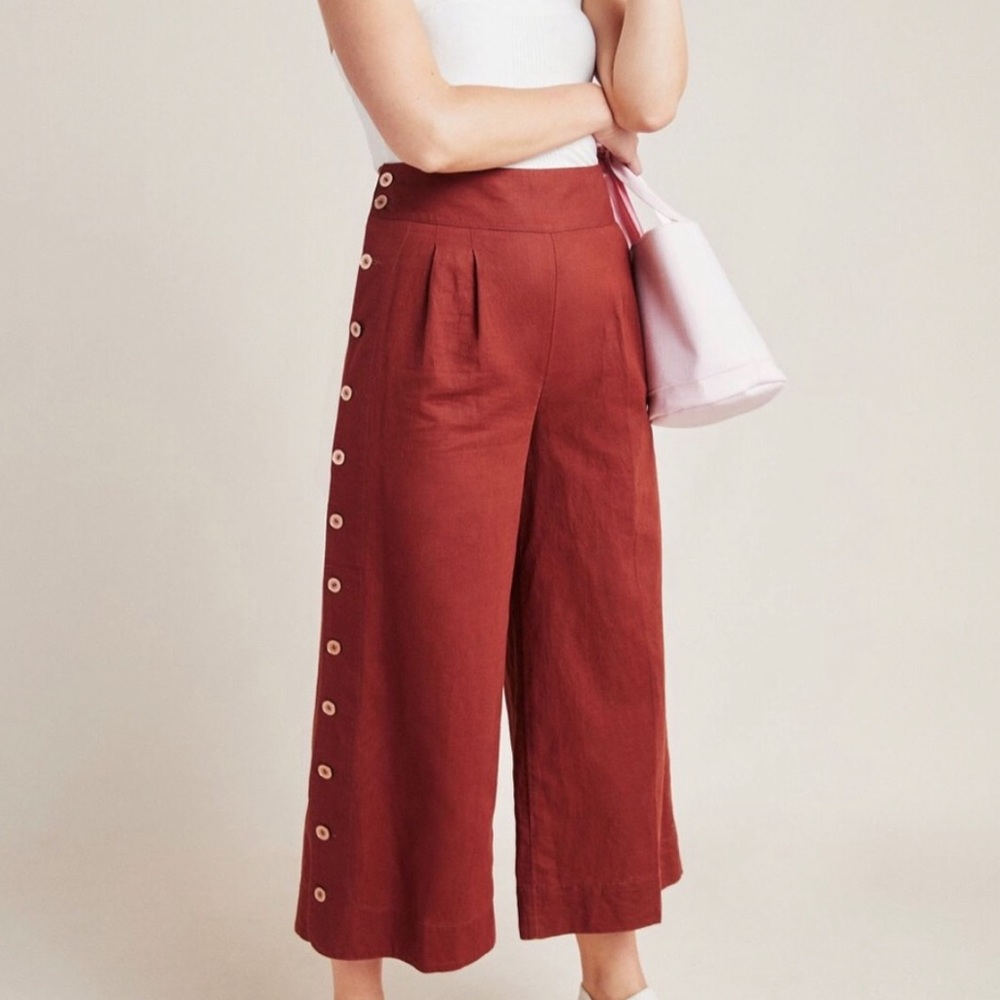 Anthropologie Rust Button Linen Wide Leg Crop Pants - 4